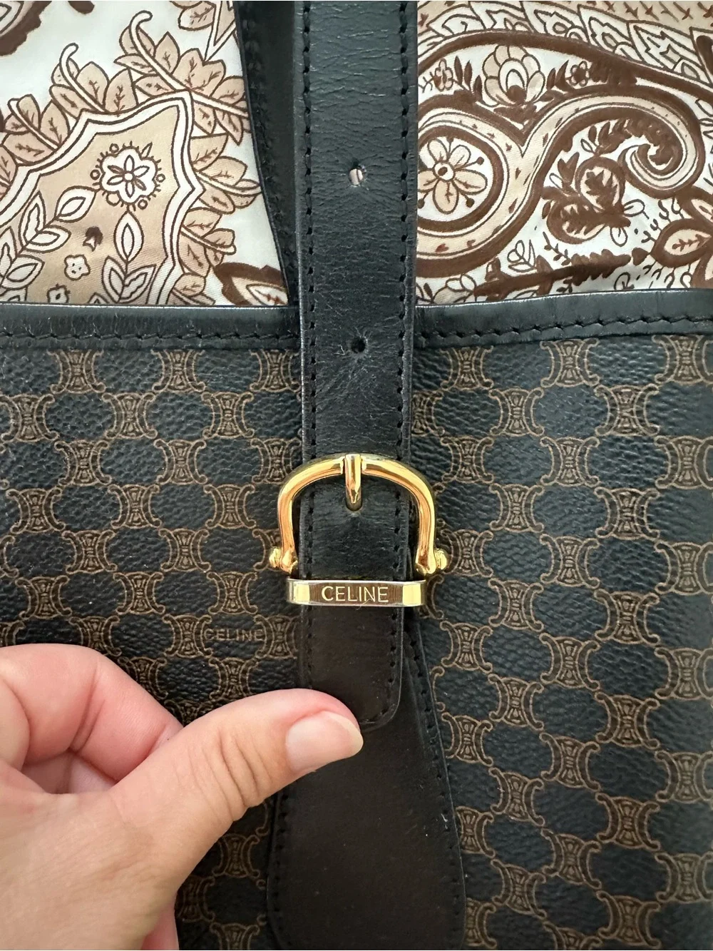 Celine Brown and Black Logo-Print Leather Trim Tote